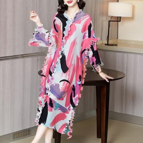 2021 New Trend Pleated Dress Woman Multicolor Print Ruffled Full Sleeve Long Elegant Vintage Style Over Sized Dress for Women