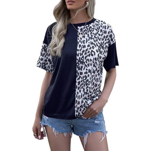 2021 Summer Leopard Print Patchwork T-Shirt Women Casual Short Sleeve Fashion O-Neck Loose Stitching Oversized Top Tee Shirt