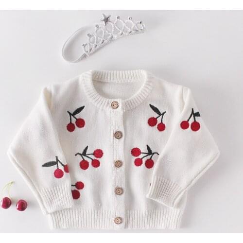 2021 Sweet Baby Girls Cherry Embroidered Cardigan Long Sleeve Top High Quality Knitting Kids Clothes Romper Spring Fall Cartoon