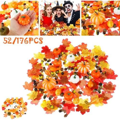 52/176 pcs Halloween Bubble Fake Pumpkin Maple Pine Cones Set Fall Harvest Decor Props Artificial Mini Gourd Acorn Berries prop