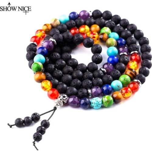 8mm * 108 * Natural Chakras Black Lava Stone Beads Bracelet Aromatherapy Essential Oil Diffuser Jewelry MalaMala Prayer Bracelet