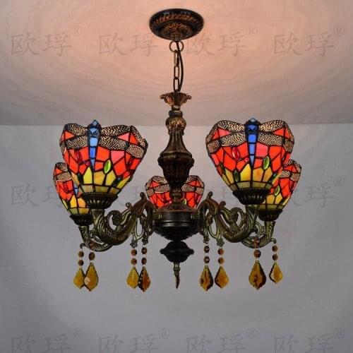 European Red Dragonfl5 heads dining room bedroom Crystal lamps Tiffany Stained glass Restaurant Pendant Lights 110-240V E27