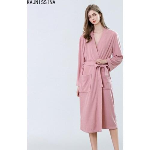 Hotel Long Kimono Bath Robe for Women Plus Size Spa Towel Bathrobe Female Dressing Gown Couple Robes Sleepwear