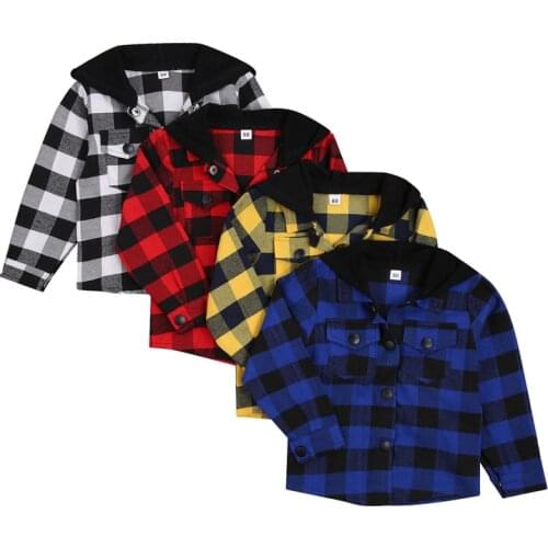 4 Colors Casual Toddler Baby Boy Girl Hooded Shirt Plaid Print Long Sleeve Button Cotton Top Sweatshirt Autumn Outwear