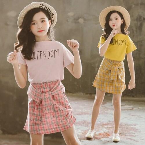 Girls Clothing Sets Summer Letter Printing T-shirts+Knotted Plaid Skirt Children Girls 2pcs Set Kids Teenage Costume