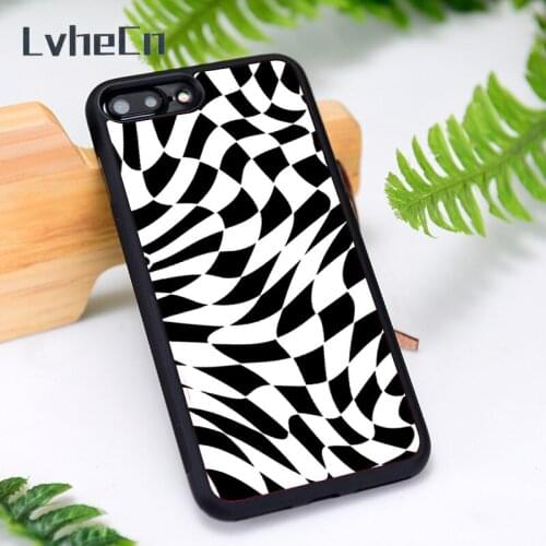 LvheCn Silicone Rubber Phone Case Cover for iPhone 6 6S 7 8 Plus X XS XR 11 12 Mini Pro Max Black and White Liquid Checkers