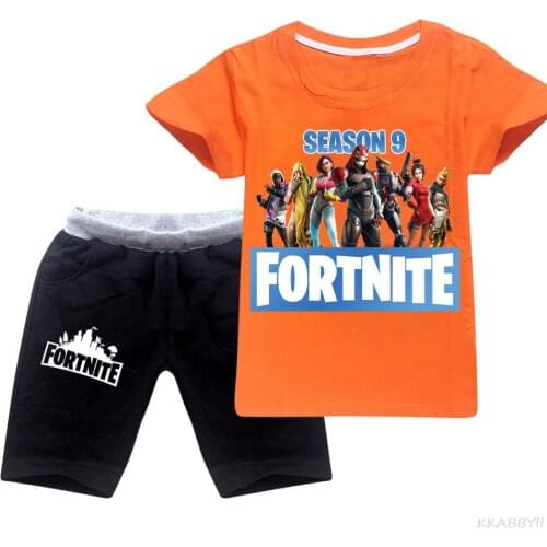 Fortnites new summer dress style cartoon print casual multi-color stitching short sleeve suit