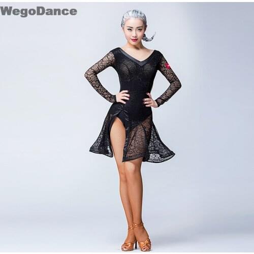 New Women Long Sleeve Sexy Lace Latin Dance Costume Sexy Cha Cha Dress For Lady With Underpant Bra Pad