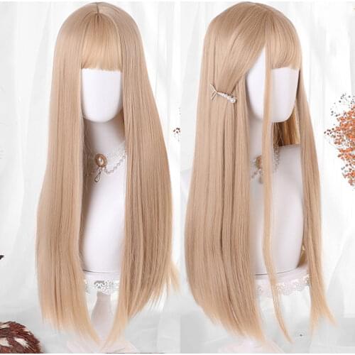 HOUYAN 24 inch long straight hair pink blue wigs bangs dyed hair wig female natural fluffy cosplay lolita wig