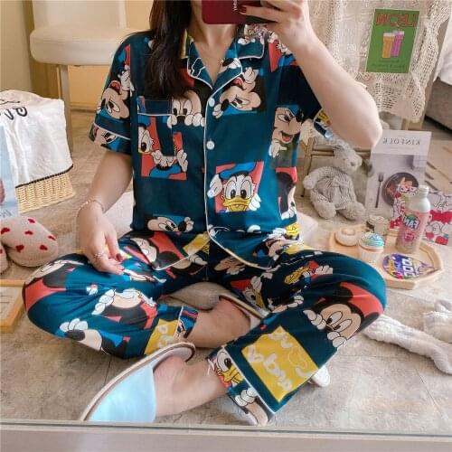 Womens Sleepwear Cute Mickey Print Clothing Set Pajamas For Women Pyjama Set Sweet V Neck Tops + Pants Summer Pijama Outfits