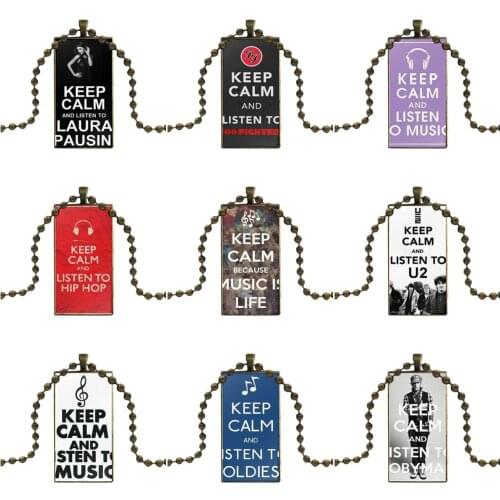 Keep Calm And Listen To Music For Women Kids Glass Cabochon Jewelry Bronze Color With Long Pendant Choker Rectangle Necklace