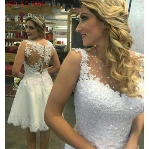 NUOXIFANG Vestido De Noiva Sparkly Lace A Line Short Mini Wedding Dress 2020 See Though Back O Neck Robe De Mariage trouwjurk