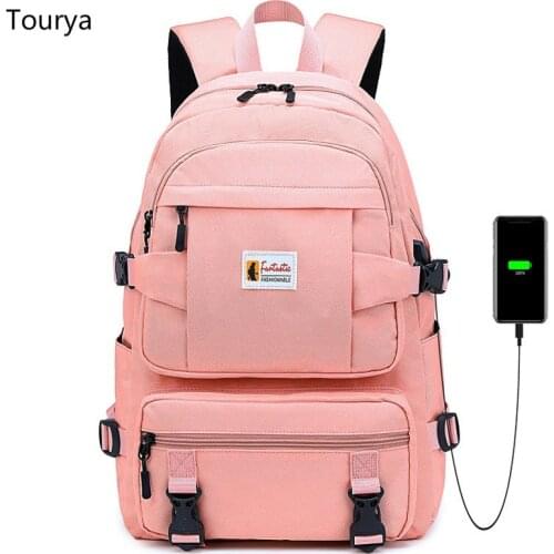 Tourya Fashion Waterproof Women Backpack Large Capacity USB Charge School Bags For Girls Travel Bagpack Laptop Bookbags Mochila