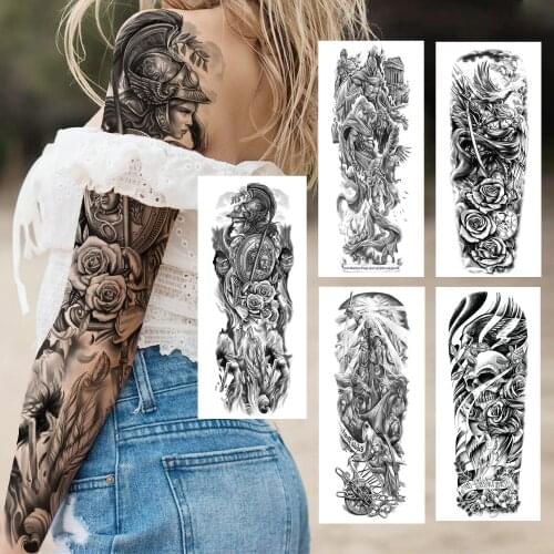 Warrior Rose Full Sleeve Temporary Tattoos For Women Adults Realistic Pigeon Skull Army Fake Tattoo Sticker 3D Sexy Large Tatoos