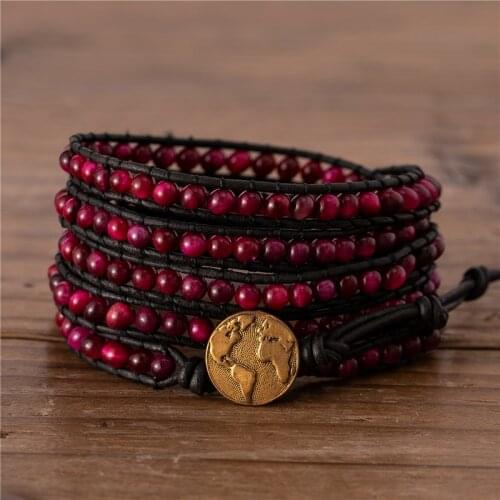 High 4mm Pink Tiger Eye Beaded 5 Wraps Bracelet Boho leather wrap bracelet Bohemian Cuff Bracelet Gift for Friends Dropshipping