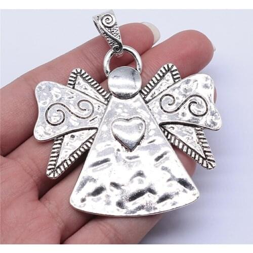 WYSIWYG 1pcs 62x59mm Antique Silver Color Heart Angel Charms Pendant For Jewelry Making DIY Jewelry Findings
