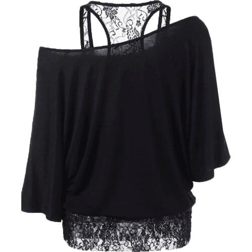 Women Plus Size Lace Blouse Casual Short Bat Sleeve Skew Neck Loose Tops Blouse Ladies Leisure Pullover Loose Shirt Top