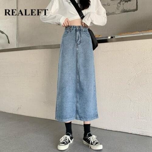 REALEFT 2021 Womens Denim Straight Long Skirts Vintage High Waist Button Back Split Jeans Skirts Female Pockets Spring Summer