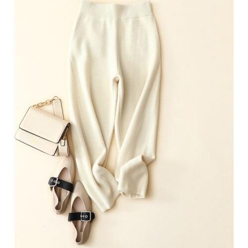 Winter new warm thick elastic high waist solid color womens high quality 100% cashmere pants with pocket