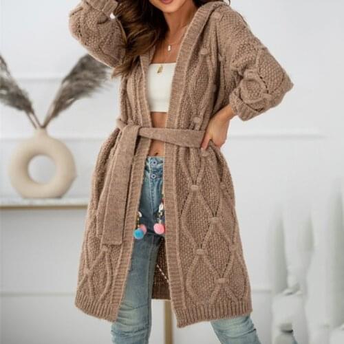 2021 Autumn Knit Hoodie Long Sleeve Casual Cardigan Sweater Jacket elegant Large Size Womens long knitted cardigan with Belt
