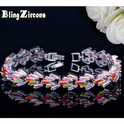 BeaQueen Unique Green Purple Red Multicolored Trapezoidal Cubic Zirconia Crystal Wedding Party Bracelets Women Jewelry B132
