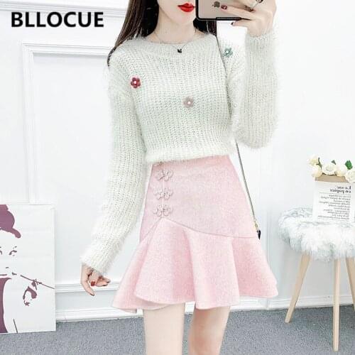 BLLOCUE Autumn Runway Women Long Sleeve pullover Knitting Sweater Top + Retro Plate Buckle Mermaid Mini Skirt 2 Piece Sets