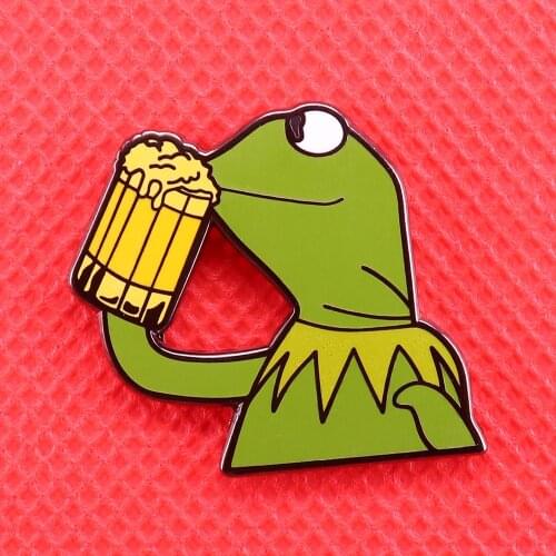 Kermit drinking beer enamel pin Meme frog brooch none of my business funny badge gift creative animal jewelry