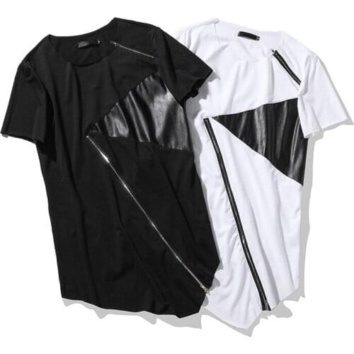 Summer New mens fashion short sleeve leather t-shirt Men PU Stitching hip hop Black zipper extension irregular hem T-shirt tee