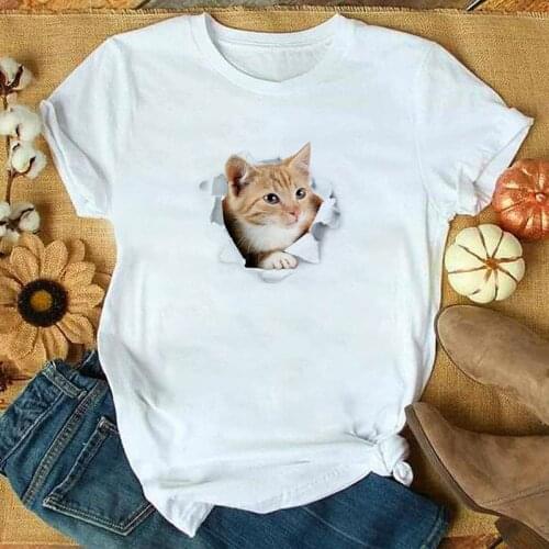 White Tees Harajuku Kawaii 3D Cat Print T Shirt Womens Fashion Tshirt Casual O-Neck Short Sleeve T-shirt Fashion Womens Clothes