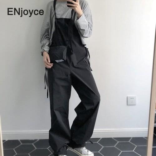 Vintage Black Cotton Jumpsuits Women Sleeveless Pockets Wide Leg Cargo Romper Overalls Pants Jumpsuit Hip Hop fitness Playsuit