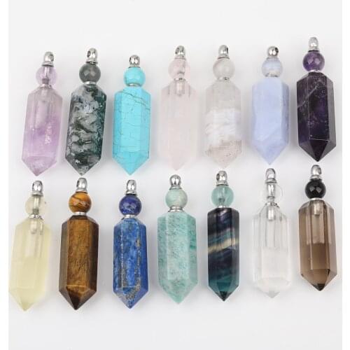 Fashion Women Natural Purple Chalcedony Stone Perfume Bottle Pendant Silvery Stainless Steel Chains Necklace Jewelry SA-35JBCJ