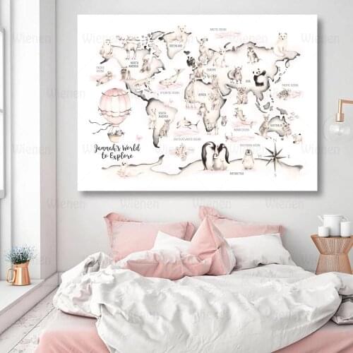 Kids Room Wall Art Poster Woodland Animal World Map Canvas Painting Nursery Watercolour Map Picture Custom Name No Fame