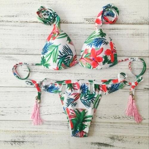2018 New Swimwear Women Sexy Thong Bandages Triangle Bottom Printing Bikinis Bathing Suit Adjustable Backless Tether Swimsuit