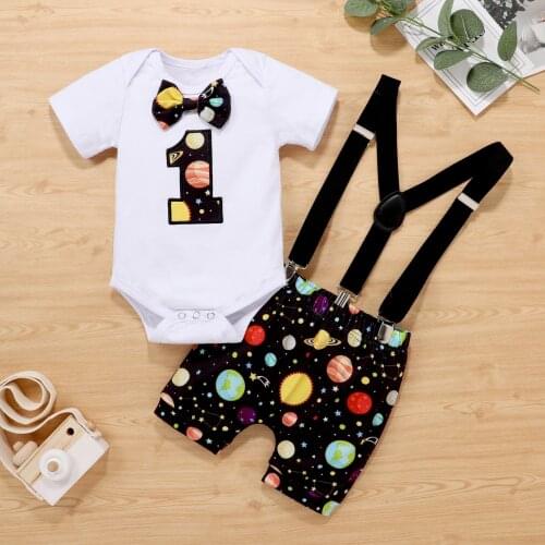 Baby Boy Clothes 1st Clothes Set Infant Baby Boys Girls Star Romper+bow Tie Suspender Shorts Birthday Outfits Set Ropa Outfits