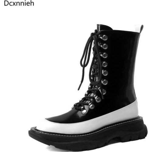 Runway Noctilucent Thick Sole Ankle Boots Women Round Toe Lace Up Chelsea Boots Woman Genuine Leather Black Knight Boots Woman