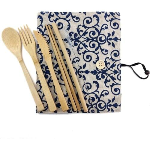 Hot Eco Friendly Cutlery Set Bamboo Tableware Set Knife Fork Spoon Flatware Set and Cloth bag Outdoor Portable Kitchen Utensils