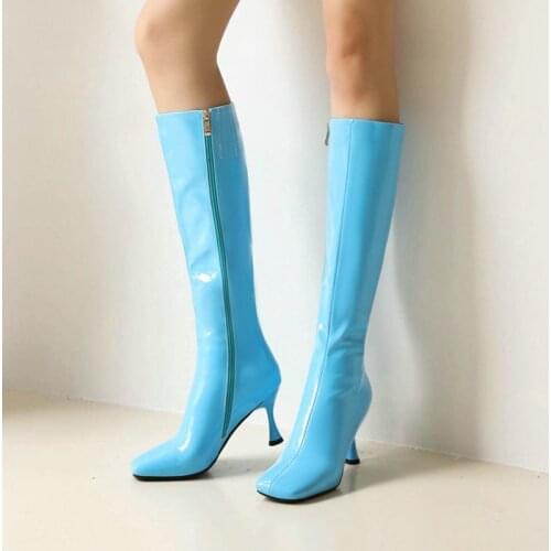 Sexy Patent Leather Women Boots Autumn Winter Knee High Boots Fashion Square Toe High Heel Long Boots Candy Color Womens Shoes