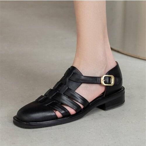 PXELENA 2021 Summer Genuine Leather Rome Gladiator Sandals Women T Strap Low Heels Daily Shoes Hollow Out Black Brown Comfort 40