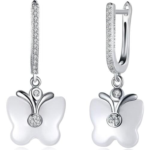ZEMIOR Butterfly White Ceramic 925 Sterling Silver Drop Earrings For Women Clear Cubic Zirconia Earring Engagement Fine Jewelry