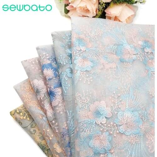 SEWBATO Mesh Embroidery Fabric Bilateral Flower Embroidery Cloth Summer Dress Womens Wear Hanfu Bag Wedding Dress Fabric