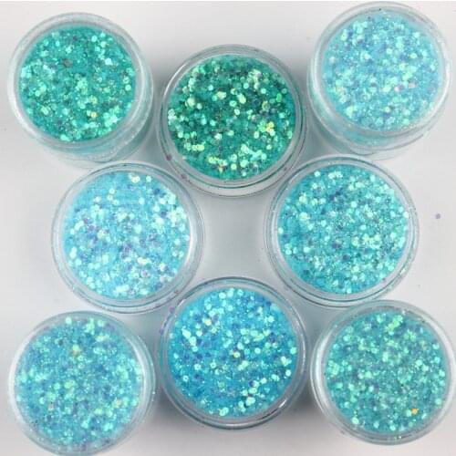 Light Blue Powdered Nail Sequins Hexagonal Scales of Mixed Size Multicolor Glitter for Manicure Nail Polish Art Decoration 10Ml