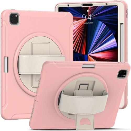 Shockproof Pencil Slot Case for iPad Pro 12.9 2021 A2379 A2461 Stand Cover with Hand Strap 3-Layer Hybrid Protection Holder