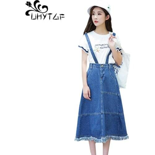 UHYTGF Fashion denim strap skirt tassel Pocket cute girl spring autumn strap jeans skirt splice student elegant skirt womens 716