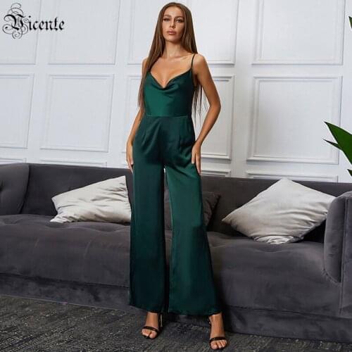 VC Sling Jumpsuit Women 2021 V-neck Sleeveless Wide-leg Dark Green Satin Jumpsuit Full Length Pants