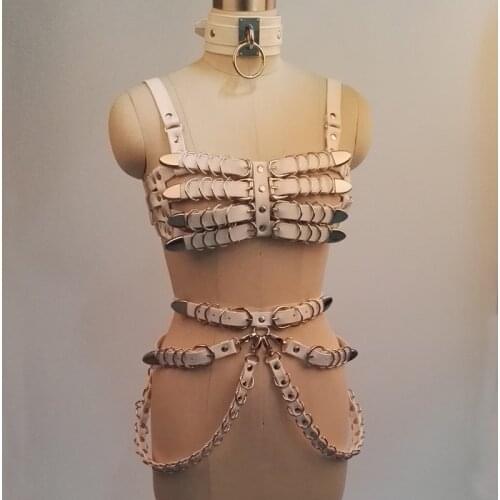 100% Handmade Punk Gothic White PU Leather Bra Women Harness Choker Heavy Duty Waist Cincher Garter Belt