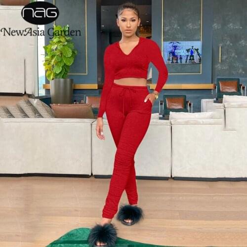 NewAsia Tracksuit Women Hoodie Long Sleeve Crop Top Red Bodycon Pants Sets Fall Casual Long Trousers Suit Club Outfit for Woman