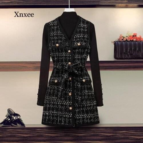 Plus Size Women Tweed 2 Piece Set Winter Knitted Sweater Tops + Pearls Single Breasted Plaid Sashes V Neck Vest Dress Suit Vest