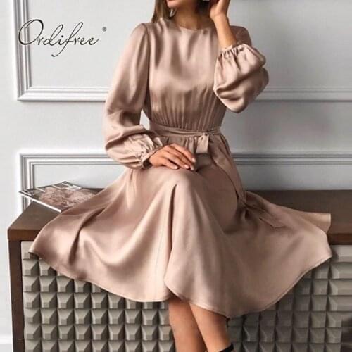 Ordifree 2021 Summer Spring Autumn Women Satin Party Dress Long Sleeve Tunic Belted Sexy Silk Shiny Vintage Midi Dress