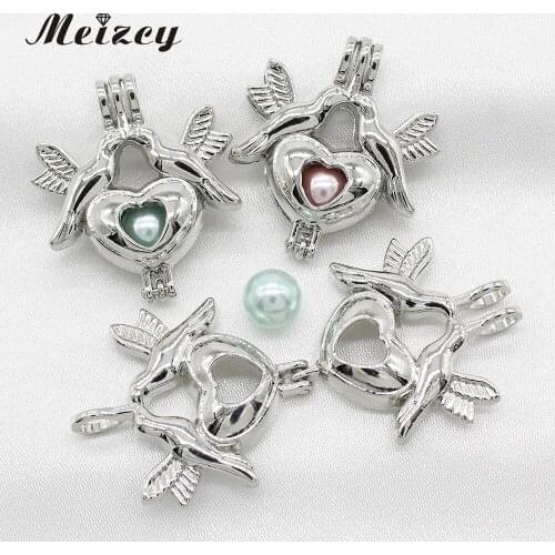10pcs New Silver Peace Bird Dove Heart Pearl Cage Jewelry Making Pendant Perfume Essential Oil Diffuser Lockets Necklace Charms