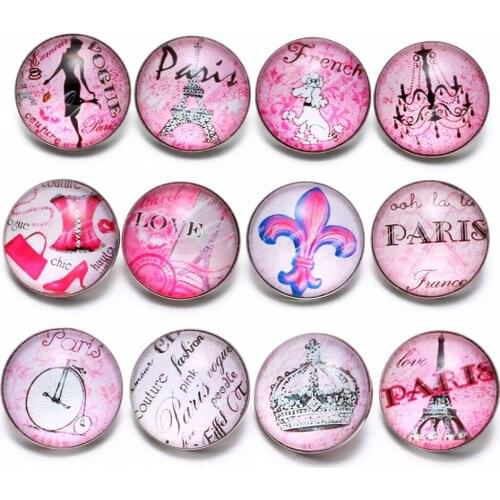 12pcs/lot Pink Paris Dream Pattern Glass Charm 18mm Snap Button Jewelry For 18mm Snaps Bracelet Snap Jewelry KZ0544